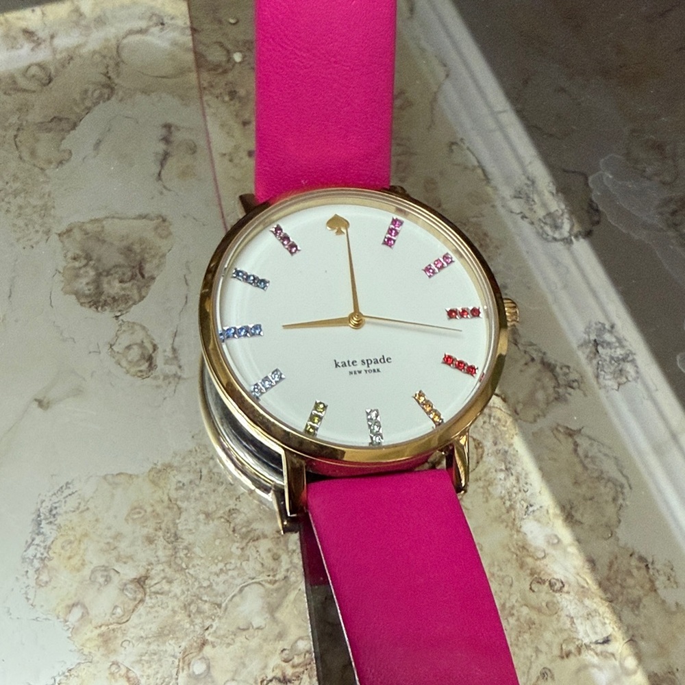 Kate Spade multi color rhinestone Gold Watch with Pink Strap